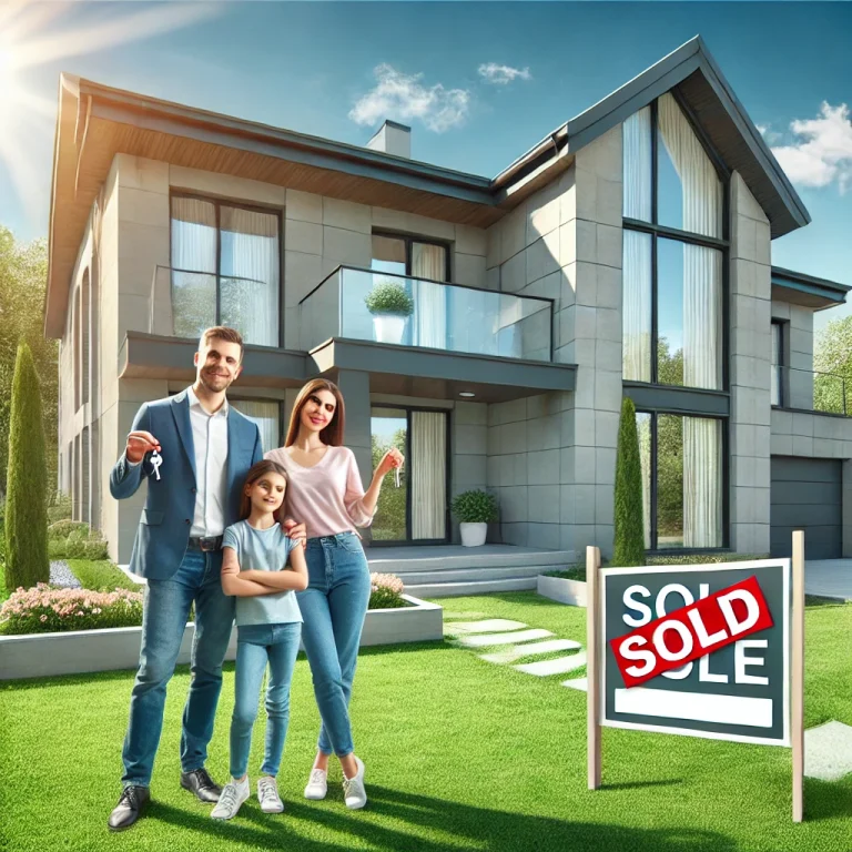Family celebrating their new home purchase, holding keys in front of a modern house, symbolizing success in navigating the Mortgage process in 2025.